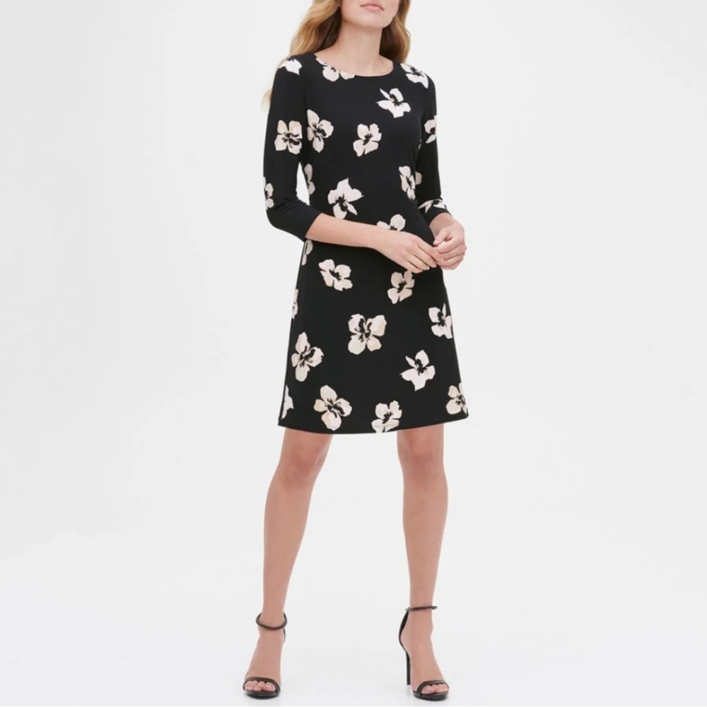 Tommy Hilfinger Peach Floral Black Long Sleeve Midi Dress Nwot